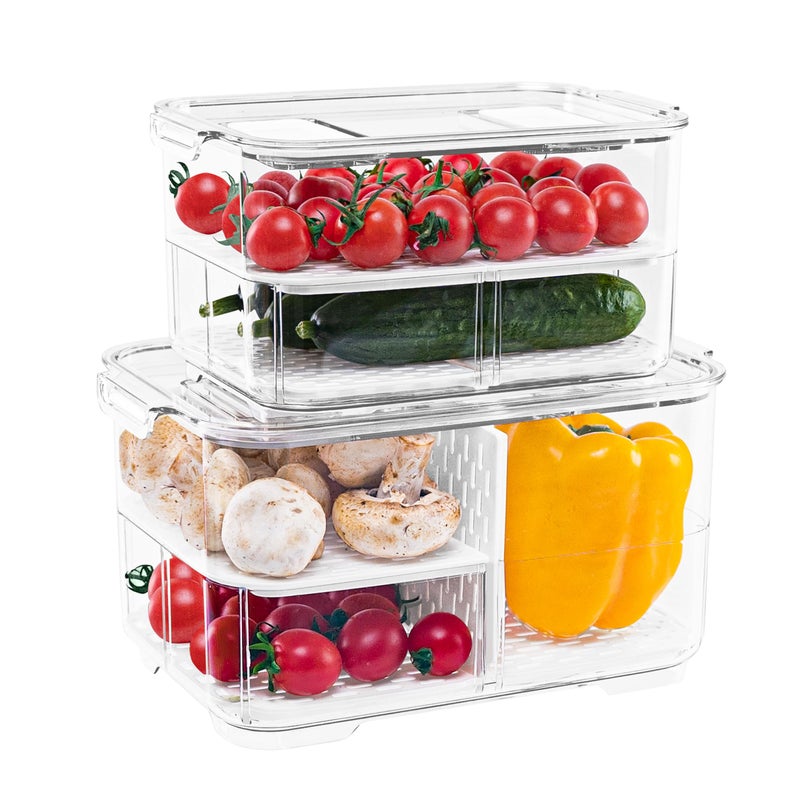 elabo Fruit Storage Containers Fridge Produce Saver- Stackable Refrigerator Organizer Keeper Drawers Bins with Lids and Removable Drain Tray for Veggie, Berry and Fruits, 1 Medium and 1 Large - Image 1